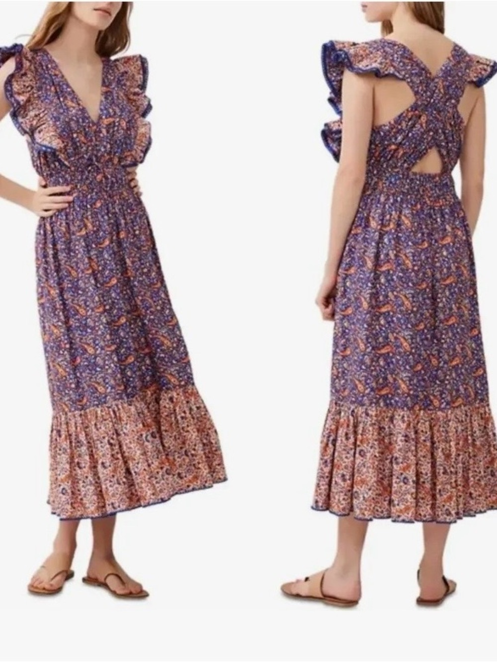 French Connection Purple and Orange Paisley Tiered Maxi Dress - NWT